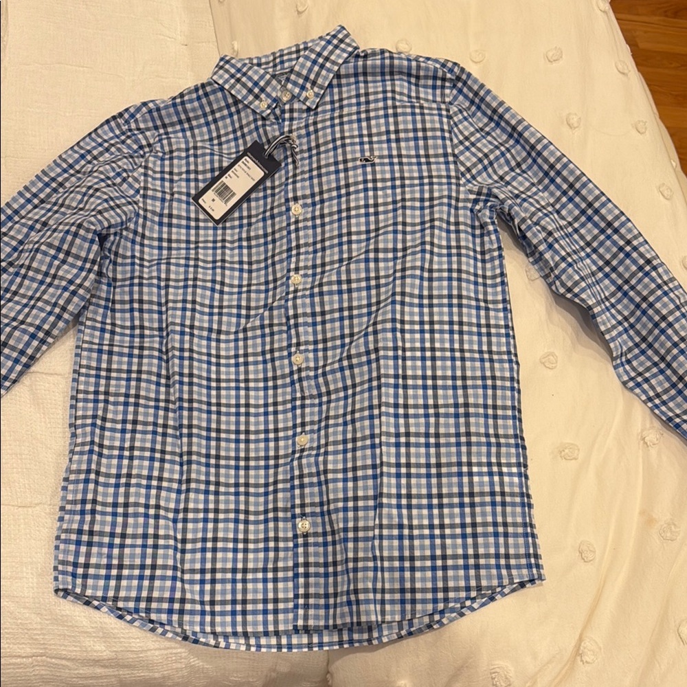 Boy’s Vineyard Vines Blue poplin whale shirt- Sz Large 16 NWT